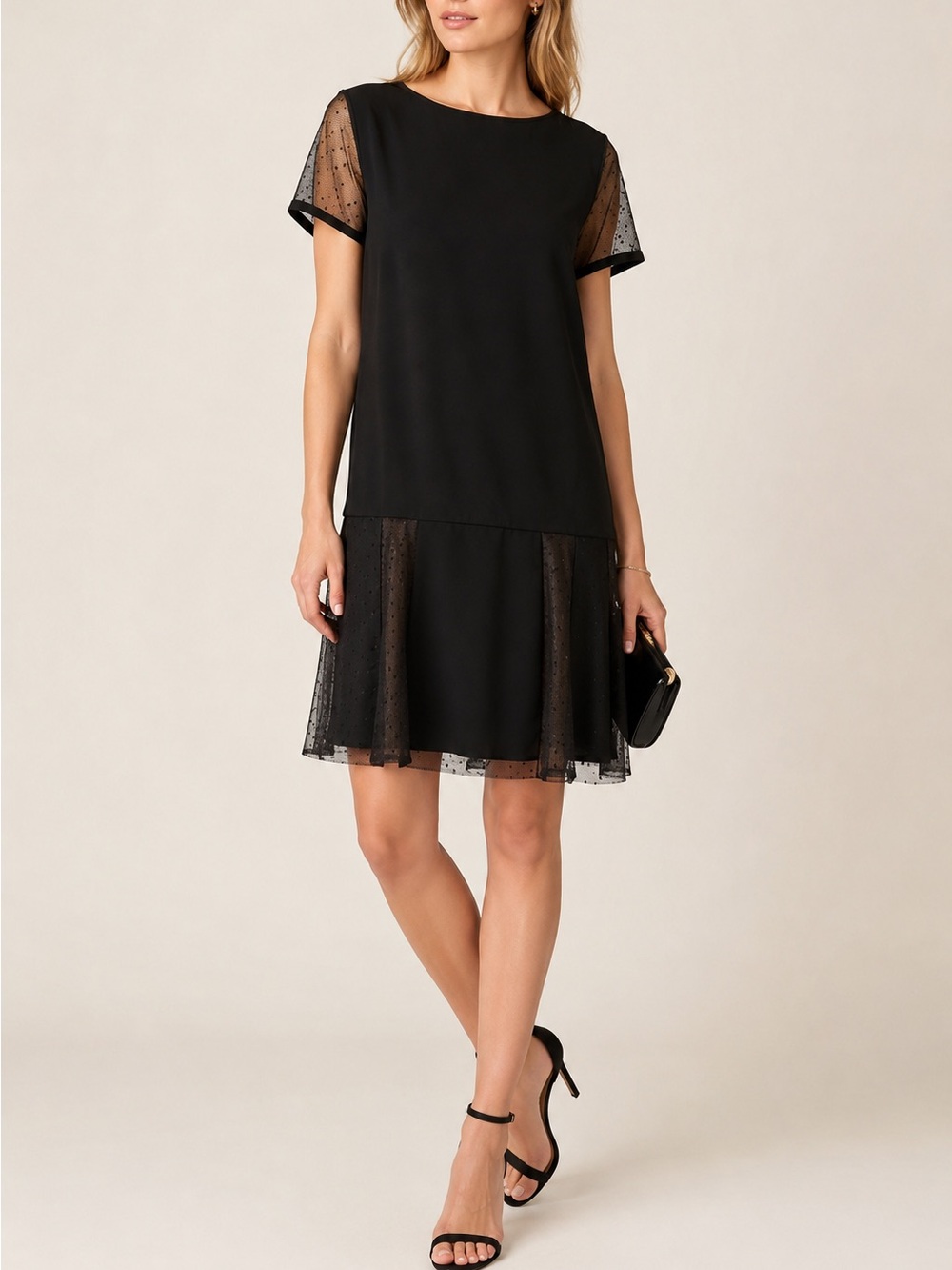 RED Valentino Black Point d’Esprit Mesh Sleeve Drop Waist Shift Dress EU 44 US 8